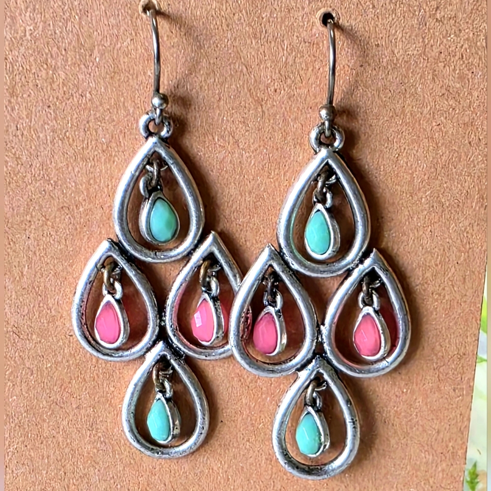 Silver Teardrop Earrings with Pink and Green Accents